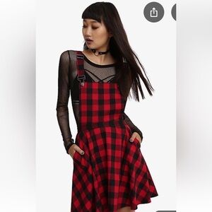 Hot Topic Flannel Plaid Skirted Overall Dress Size Small red black schoolgirl